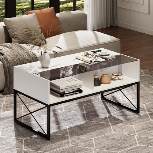 Glass Coffee Table with Storage, Grey Mid Century Modern Coffee Table for Living Room, Smart Led Light Wood Coffee Table