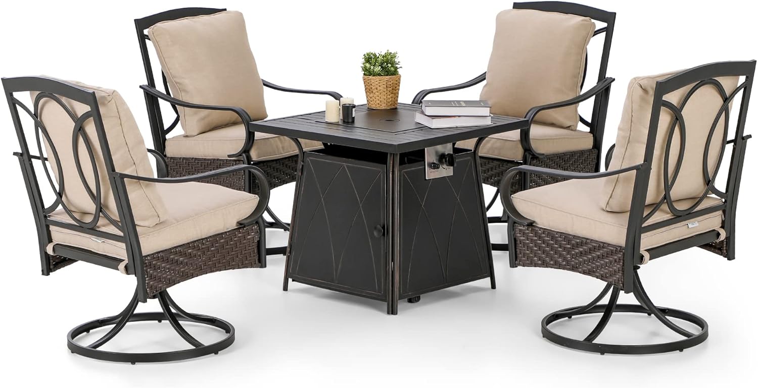 PHI VILLA Patio Set with Firepit Table for 4, 4 Patio Swivel Dining Chairs and One 28 inch 50000 BTU Auto-Ignition Propane Gas Fire Pit Table,Metal Patio Furniture for Outdoor Kitchen Lawn and Garden