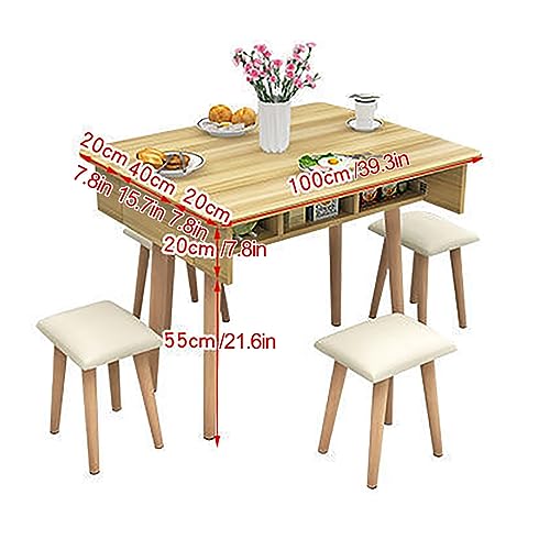 Drop Leaf Dining Table with Storage, Space Saving Extendable Dining Table for Small Spaces - Teak color, 80cm w/stool