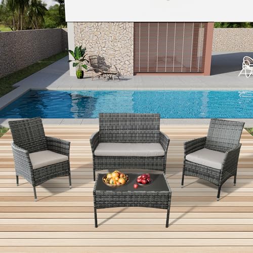 4 Piece Patio Furniture Set, Conversation Patio Furniture Set with Cushion, Outdoor Wicker Patio Sofa Chair Table, Small Couch Set for Garden, Poolside or Backyard Entertaining, Grey