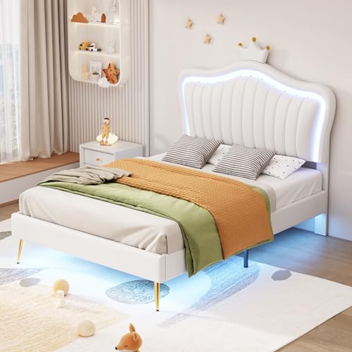 Full Size Upholstered Bed Frame with LED Lights, Modern Upholstered Princess Bed with Crown Headboard, 2 Drawers, Pink+White
