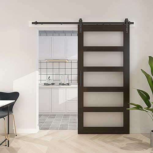 BARNSMITH 36in x 84in Glass Barn Door with 6.6FT Brushed Nickle Sliding Door Hardware Kit included & Handle,5-Panel Frosted Glass Solid Wood Water-Proof PVC Surface,Pre-Drilled Easy Assembly,White