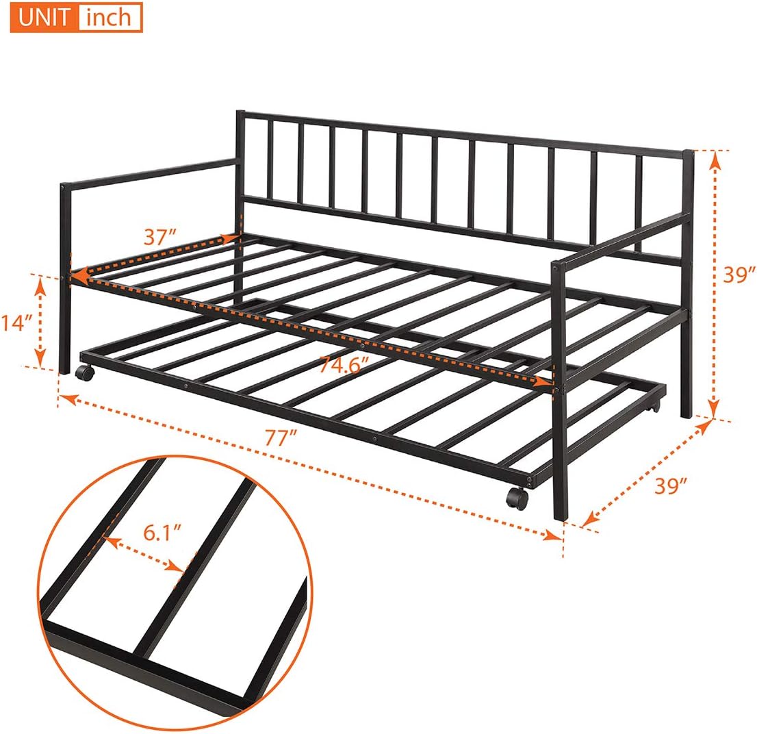 Twin Daybed and Trundle Set, Heavy Duty Steel Slat Support Saving Space Bed Sofa for Guest,No Box Spring Needed, Black