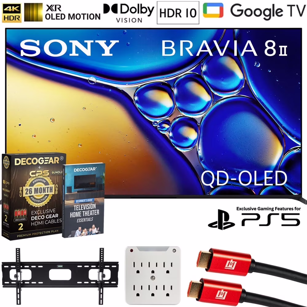Sony K55XR80M2 BRAVIA 8 II 55" QD-OLED 4K HDR TV (2025) Bundle with CPS Exclusive 26 Month Protection, Wall Mount, 2x HDMI Cables, Surge Adapter & Deco Gear Complete Home Theater Beginner's Guidebook