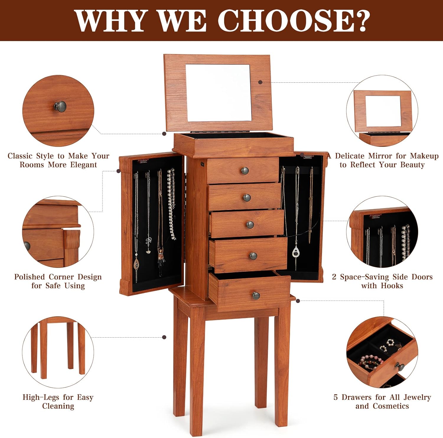 AVAWING Jewelry Cabinet Armoire with Top Flip Makeup Mirror, 5 Drawers&8 Necklace Hooks, Jewelry Storage Organizer with 2 Side Doors, Jewelry Armoire Box Chest with Top Organizer Compartment (Cherry)