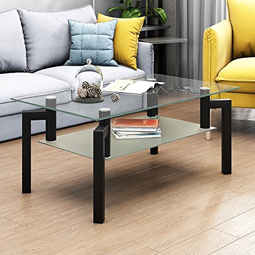 Glass Coffee Table for Living Room, End Table 2-Layer Side Tables with Clear Rectangle Tempered Glass Top Black Metal Leg, Mordern Home Office Furniture