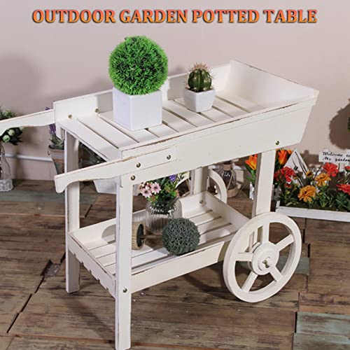 Outdoor Potting Bench Cart Table, Home and Outdoor Multifunctional Wooden Table Top Worktable On Two Wheels