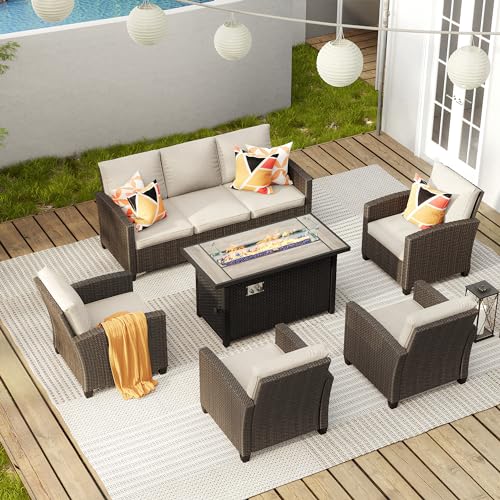 VICLLAX 6 Pieces Patio Furniture Set with 45-Inch Firepit Table, Outdoor Wicker Conversation Set with 3-seat Sofa, 4 Single Wicker Sofas and Metal Top Fire Pit Table for Garden, Poolside, Backyard
