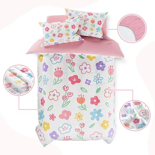 SANDJEST Floral Twin Bedding Sets for Girl, Ultra Soft Microfiber Comforter Bed Set with 3-Pieces, Flower Comforters Sets for Kids Children Girl Teen Tween Bedroom Decor