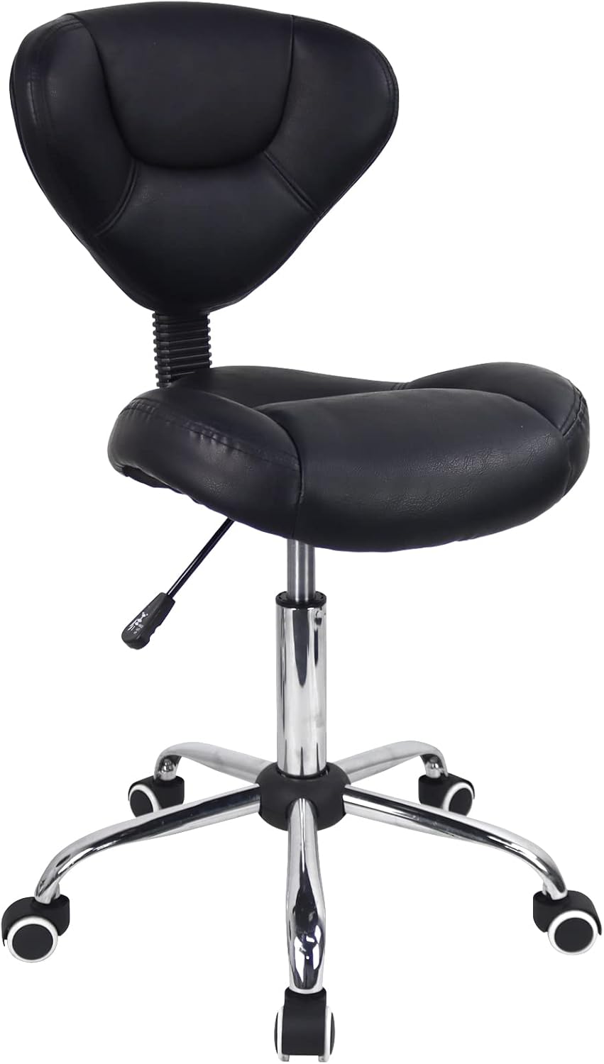 Drafting Chair Rolling Stool Height Adjustable 360° Swivel Leather Cushion Rolling Chair with Backrest Heavy Duty Stool with Wheels for Office Kitchen Desk Home Computer Salon Shop Lab (Black)