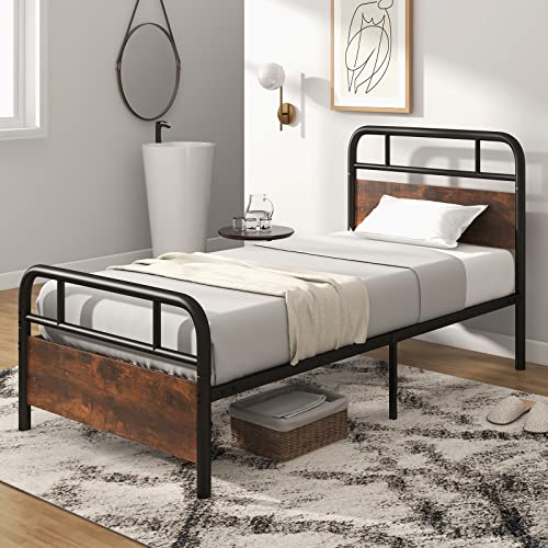 Giantex Full Size Metal Bed Frame with Wood Headboard and Footboard, Heavy-duty Platform Bed with Strong Metal Slats Support, Industrial Mattress Foundation No Box Spring Needed, Rustic Brown