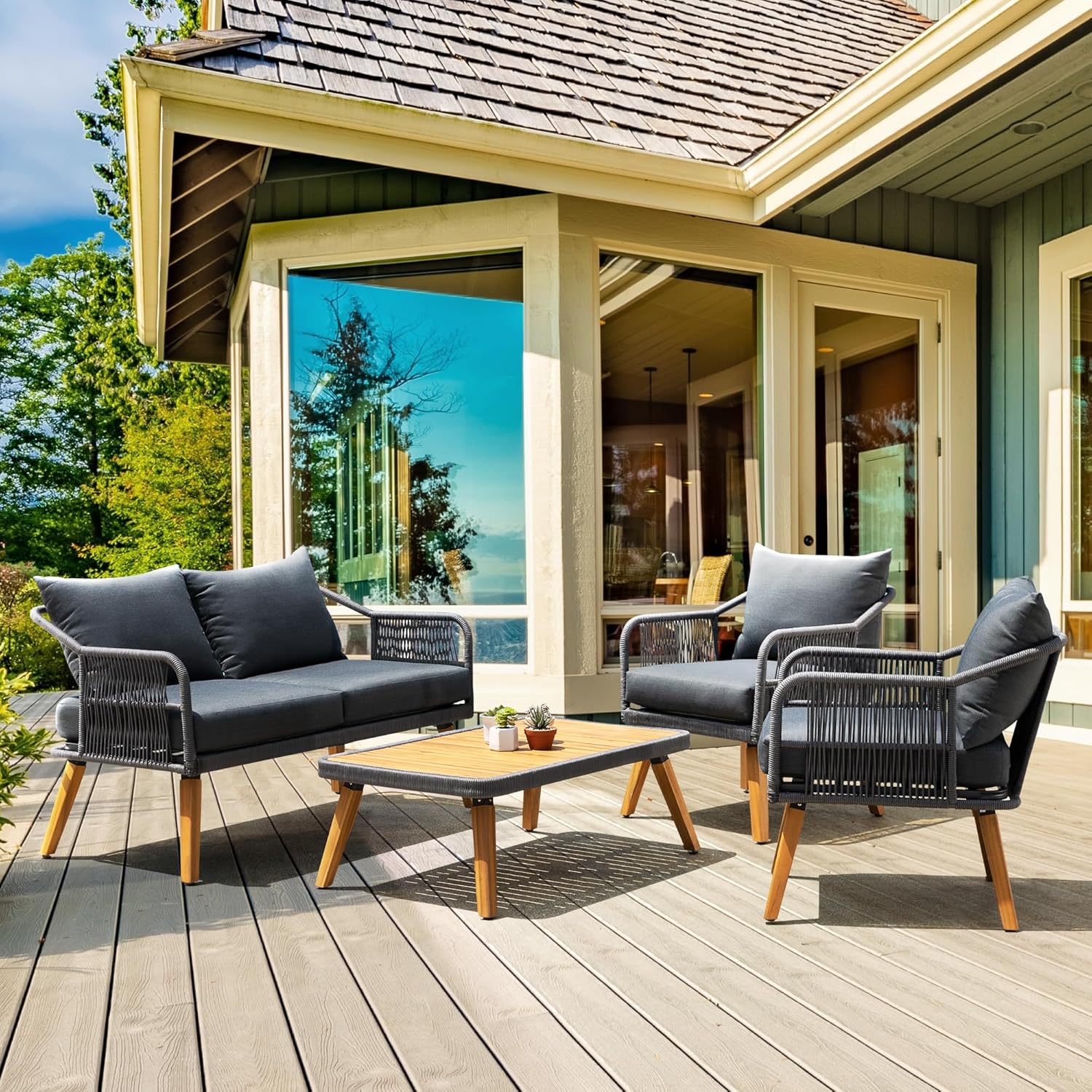 Serene Patio Conversation Sets, 800lbs Capacity FSC Certified Acacia Wood Outdoor Furniture with 3.9in Thick Soft Cushions, 4 Pieces Modern Rope_Obsidian