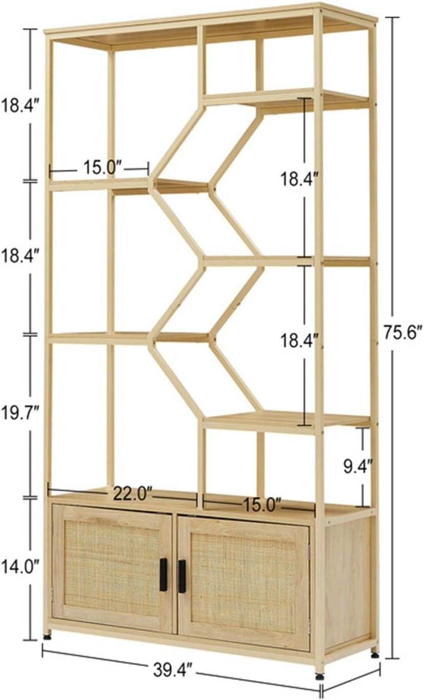 ZeHuoGe Rattan Bookshelf with 2 Doors, 7 Tiers Bookcases Rack with Cabinet,Cane Storage Cabinet,Caning Furniture for Living Room Home Office