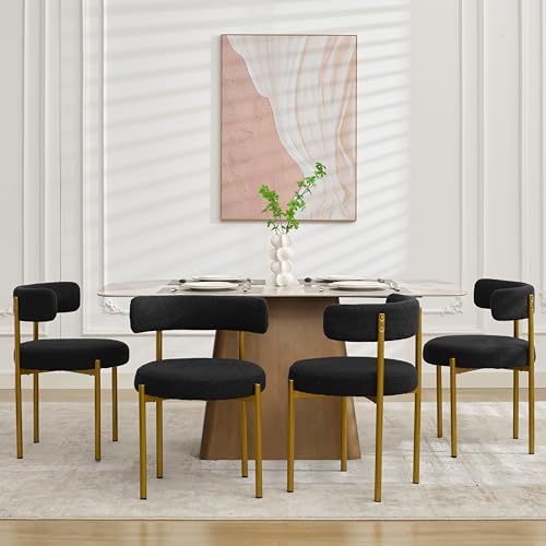 Beige Dining Chairs Set of 4, Boucle Dining Chairs, Upholstered Kitchen and Dining Room Chairs, Mid-Century Modern Dining Chairs with Black Metal Legs (Beige)