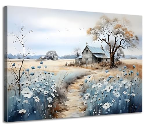 Framed Rustic Farmhouse Canvas Wall Art Beautiful Field Painting Wildflower Barn Print Nature Scenery Picture French Countryside Poster for Bathroom Bedroom Living Room Office Wall Decor 24x36in