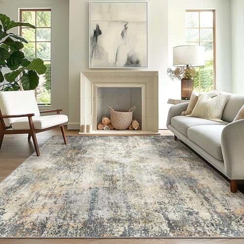 GENIMO Washable Area Rugs for Living Room Bedroom, 8x10 Modern Abstract Non Slip Rug, Low Pile Soft Contemporary Indoor Floor Carpet Cover for Dinning Room Kitchen, Yellow