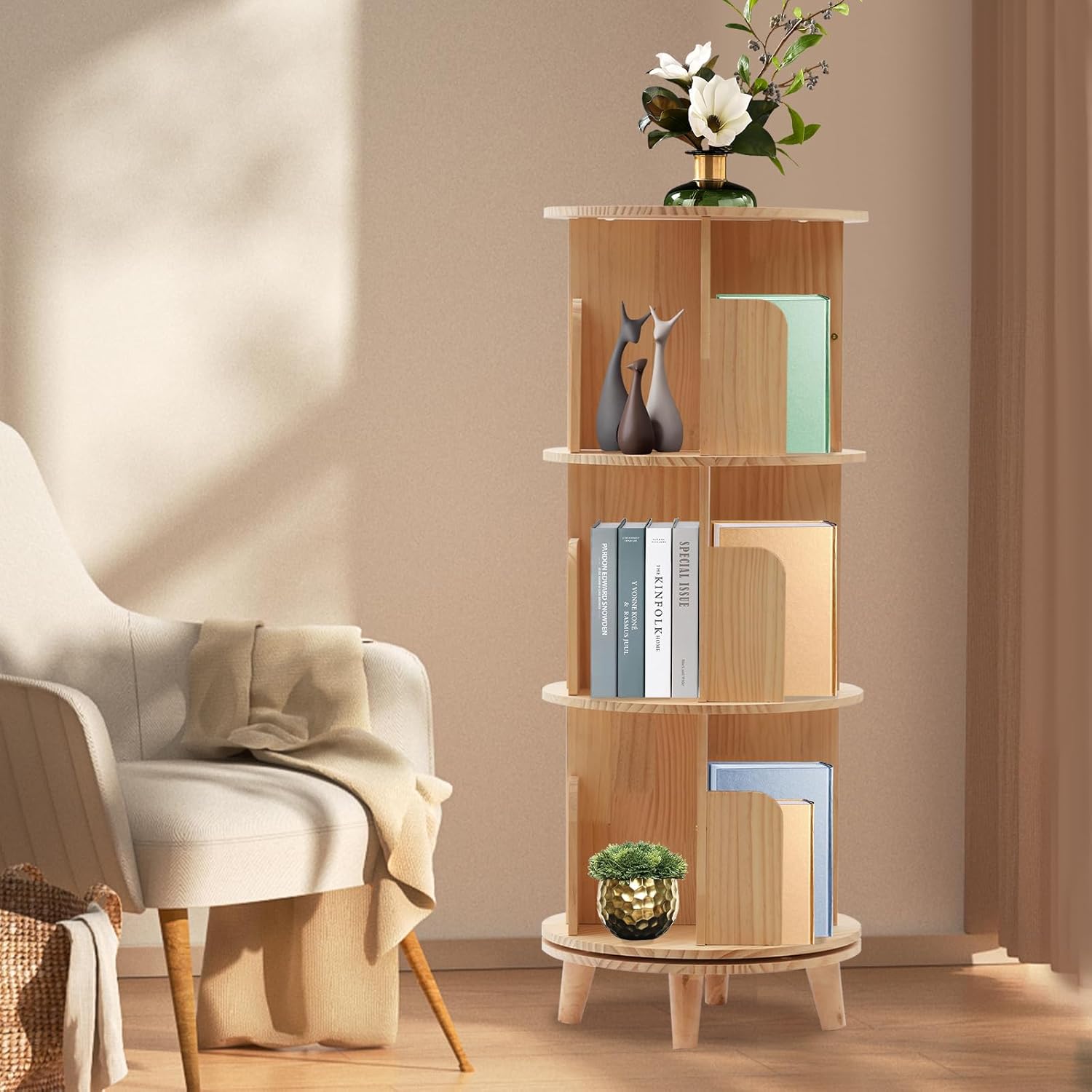 3-Tier Rotating Bookshelf, Pine Wood Cylindrical Bookshelf Organizer 360° Display Bookcase, Floor Standing Multi-Functional Corner Bookshelf Revolving Storage Rack for Office, Living Room