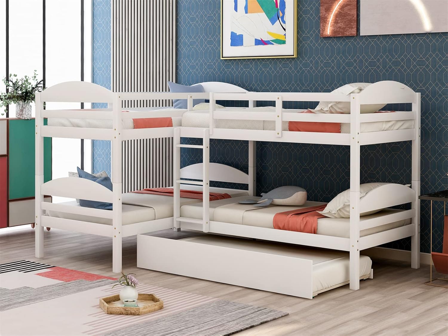 Bellemave Quad Bunk Bed with Trundle L-Shape Bunk Bed Twin Over Twin Corner Bunk Bed for 4 or 5 Kids Boys Girls Teens, White