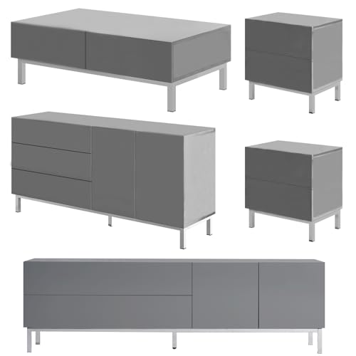 AMERLIFE 5-Piece Modern High Gloss Living Room Table Sets, Includes 1 X Modern Minimalist LED TV Stand, 1 X Sideboards with LED Lights, 1 X Coffee Table, 2 X Side Tables with Storage Shelves, White