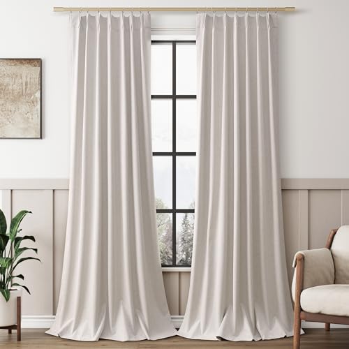 Linen Blackout Curtains 96 Inches Long for Bedroom Thermal Insulated Back Tab Pinch Pleated Blackout Drapes Neutral Farhouse Patio Sliding Door Living Room Sun Block Out Curtains Extra Long 96 Inch