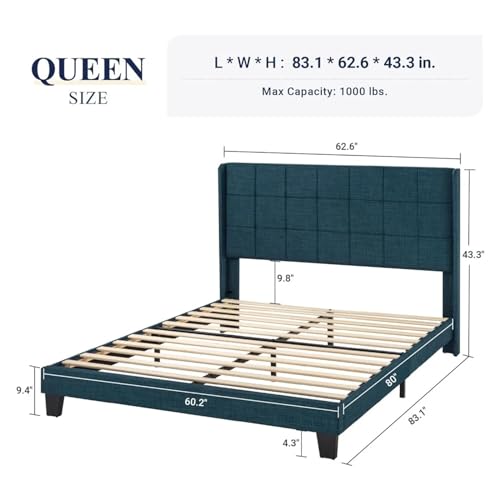 Fabric Upholstered Square Stitched Headboard and Wooden Slats Beds and Furniture Compatible with Home Mattress Basics Wingback Bed Set Frame,Twin Bed Frame