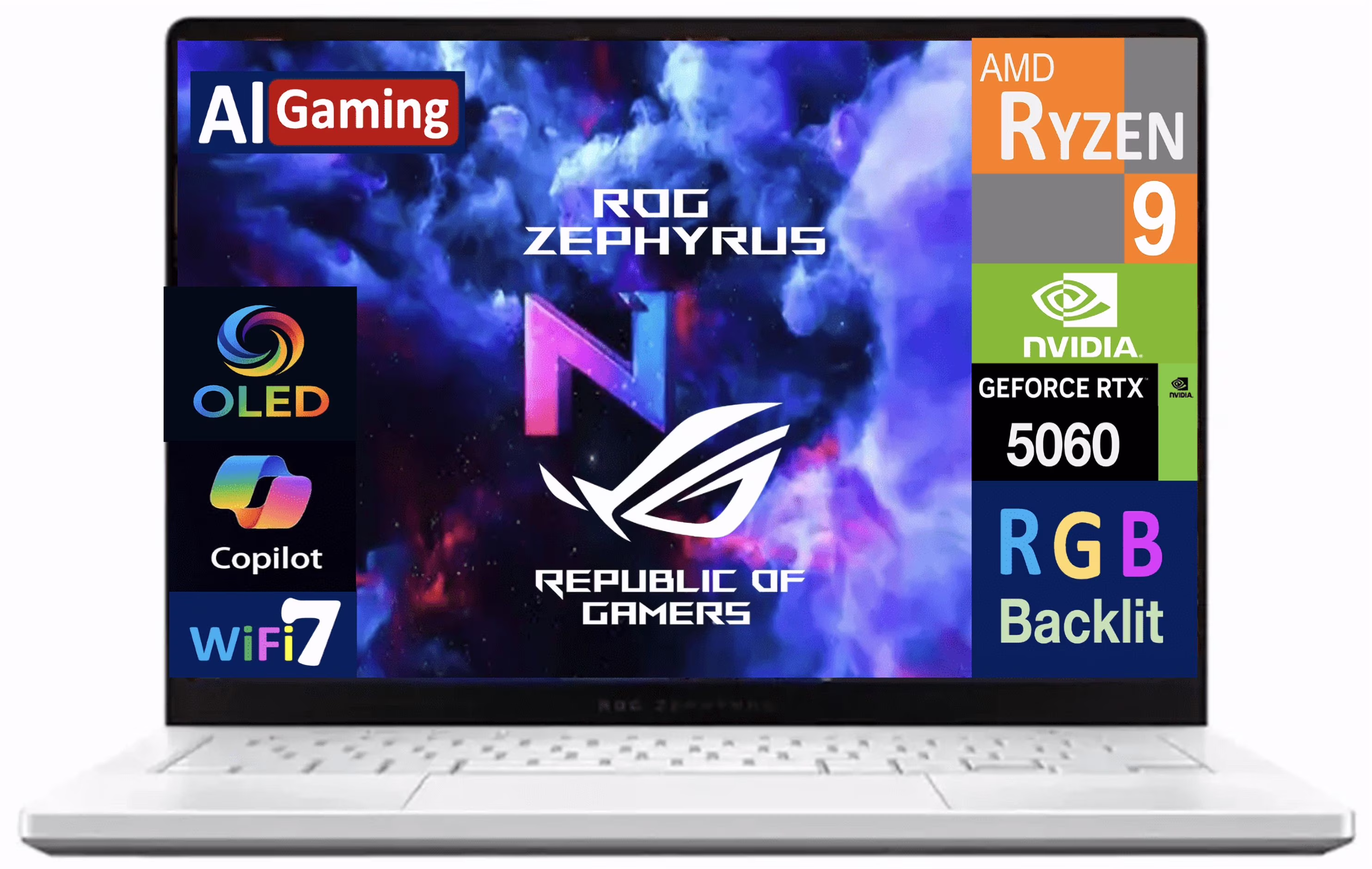 ASUS ROG Zephyrus AI Gaming Laptop 14.0in 120Hz OLED 2.8K Display (AMD Ryzen 9 270, NVIDIA GeForce RTX 5060 8GB, 16GB LPDDR5X, 4TB PCIe SSD, RGB KB, WiFi 7, Webcam, Bluetooth 5.4, Win 11 Home)