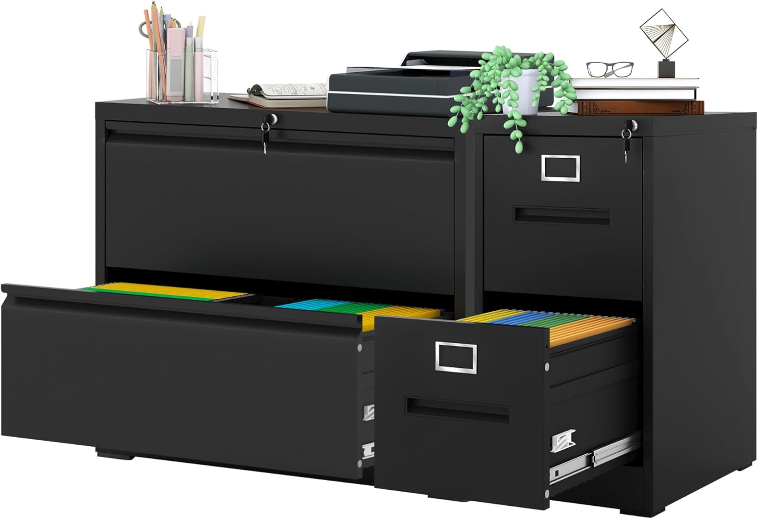 2 Drawer Lateral File Cabinet and 2 Drawer Vertical File Cabinet with Lock, Black