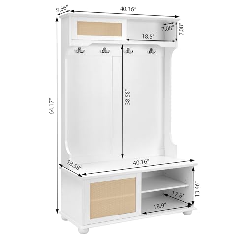 65''Entryway Hall Trees with 4 Hooks, 4-IN-1 Storage Shelves and Shoes Bench, Freestanding Closet Organizer with Coat Rack and Rattan Storage Drawers Shelves for Hallway Bedroom White