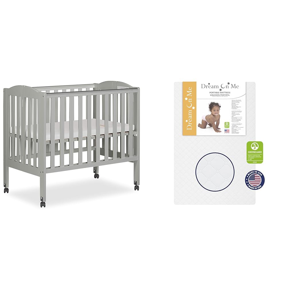 2 in 1 Folding Portable Crib in Cool Grey with Sunset 3” Extra Firm Fiber Crib Mattress, 40x26x38 Inch