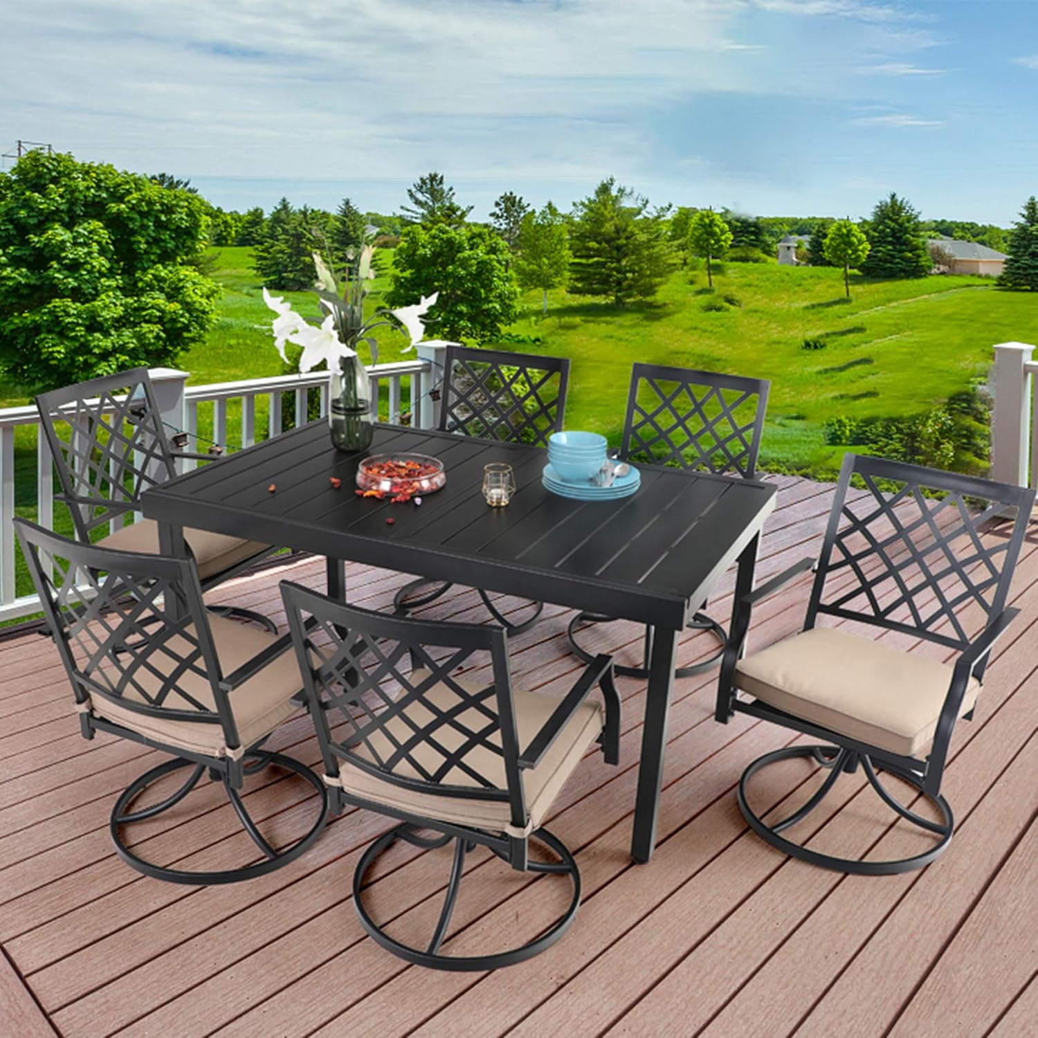 PHI VILLA 7 Piece Outdoor Furniture Dining Set, All-Weather Metal Steel Conversation Set includes 6 Chairs and 1 Extendable Dining Table for Patio Garden Deck