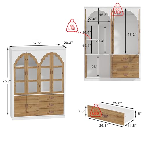 Classic Armoire Wardrobe with 4 Wood Doors, 4 Closed Shelves, 1 Hanging Area, 1 Shoes Storage Space, 3 Drawers for Bedroom, White (57.5”W x 20.3”D x 75.7”H)