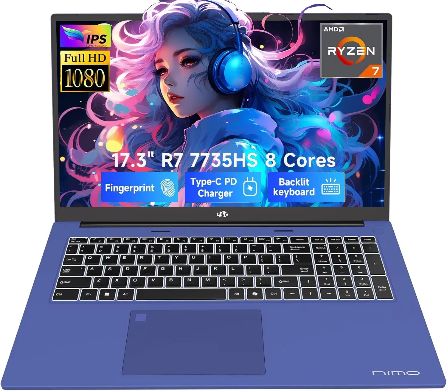 17.3" Gaming-Laptop, AMD Ryzen 7 7735HS (8C/16T, Beats i7-12650H) 16GB DDR5 RAM 1TB SSD Computer with Radeon 680M, 100W Type-C, WiFi-6E, 75Wh Battery, Fingerprint, Backlit Keyboard for Business