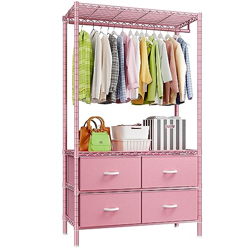 Raybee Clothing Rack, Clothes Racks for Hanging Clothes Rack Heavy Duty Clothes Rack Adjustable Clothing Racks for Hanging Clothes Metal Garment Rack with 4 Large Fabric Drawers Portable Closet, Pink