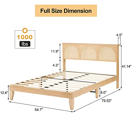 Full Platform Bed with Adjustable RGB LED,Bed Frames with Rattan Headboard,Full Size Bed Frame,Wooden Bedframe,Wood Slat Support/NO Noise/Easy Assembly/No Box Spring Needed