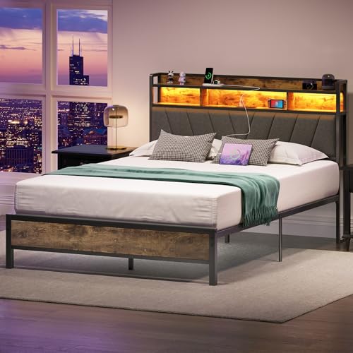 Full Bed Frames, Metal Bed Frames with Charging Station, LED Lights Bed Frames with Upholstered Storage Headboard, Sturdy and Noise-free, Storage Space under Bed, No Box Spring Needed, Brown