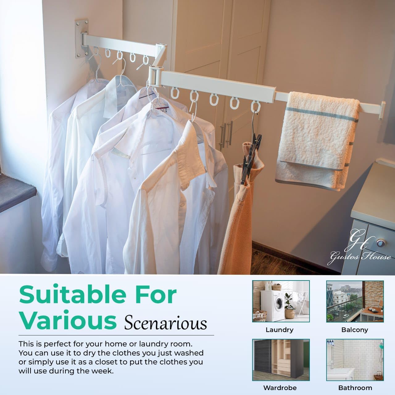 Clothes Rack for Home or Laundry, Folding clotheslines, Wall Mounted Drying Rack with Extended arms, Retractable Clothes Hanger, Wardrobe with Compact Style, Laundry Drying Rack