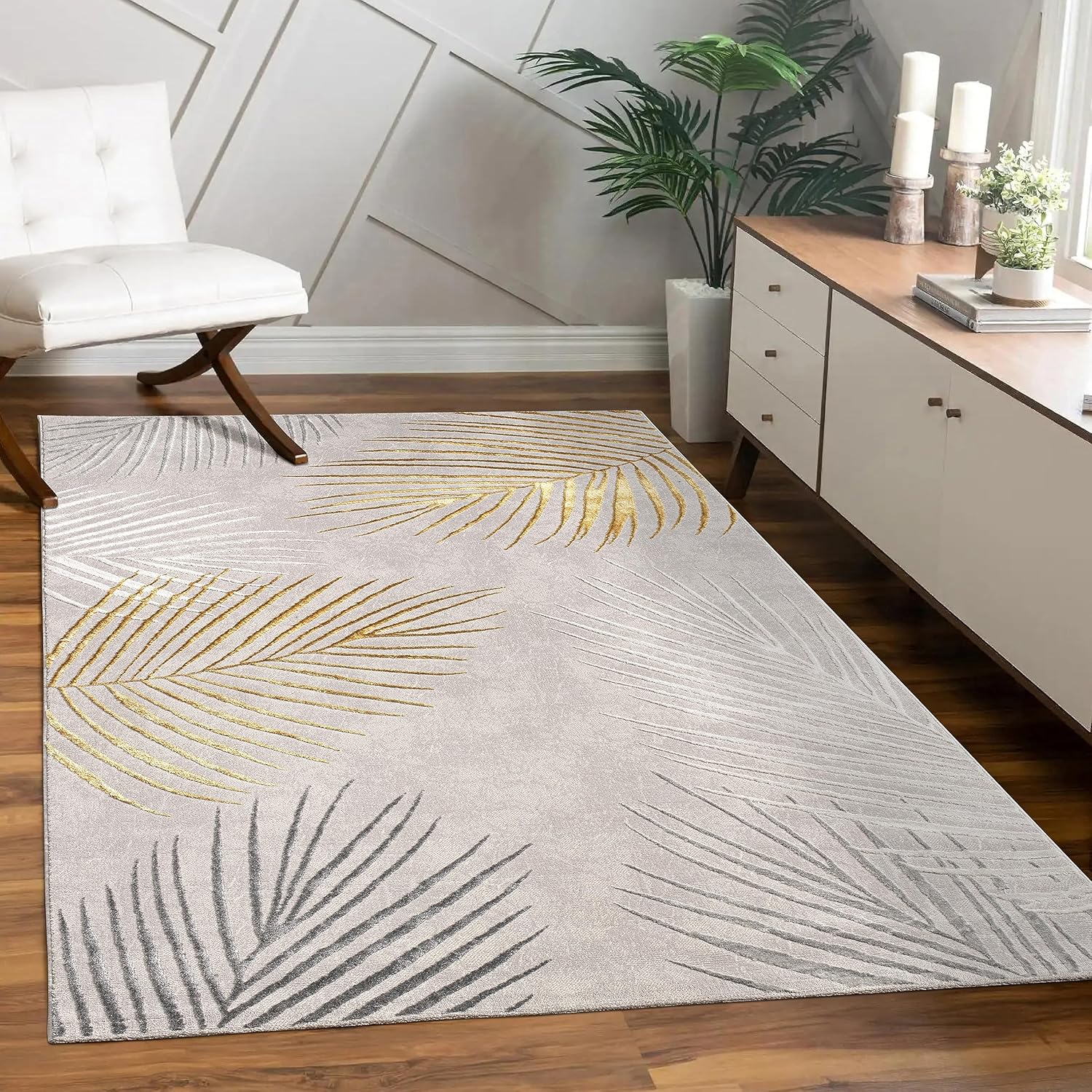 Paco Home Designer Rug with Textured Palm Leaf Pattern in Cream Gold, Size: 3'11