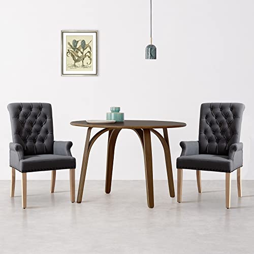 Fabric Dining Chairs, Upholstered Tufted Armrest Chairs, Accent Chairs with Nailhead Trim, Solid Wood Legs for Home, Kitchen Living Room, Dark Grey