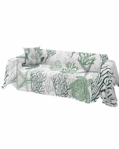 Ocean Orange Blue Sofa Cover Couch Covers for 3 Cushion Couch Throw Couch Cover with Tassel Soft Sofa Slipcover Summer Sea Turtle Coral Starfish Seahorse Couch Furniture Protector for Dog Pet 71