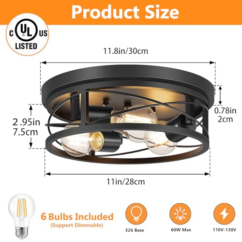 Flush Mount Ceiling Light Fixture, Black 3-Light Hallway Light Fixtures Ceiling, Light Fixtures Ceiling Mount for Farmhouse, Kitchen, Living Room (2 Pack, A19 LED Bulbs Included)