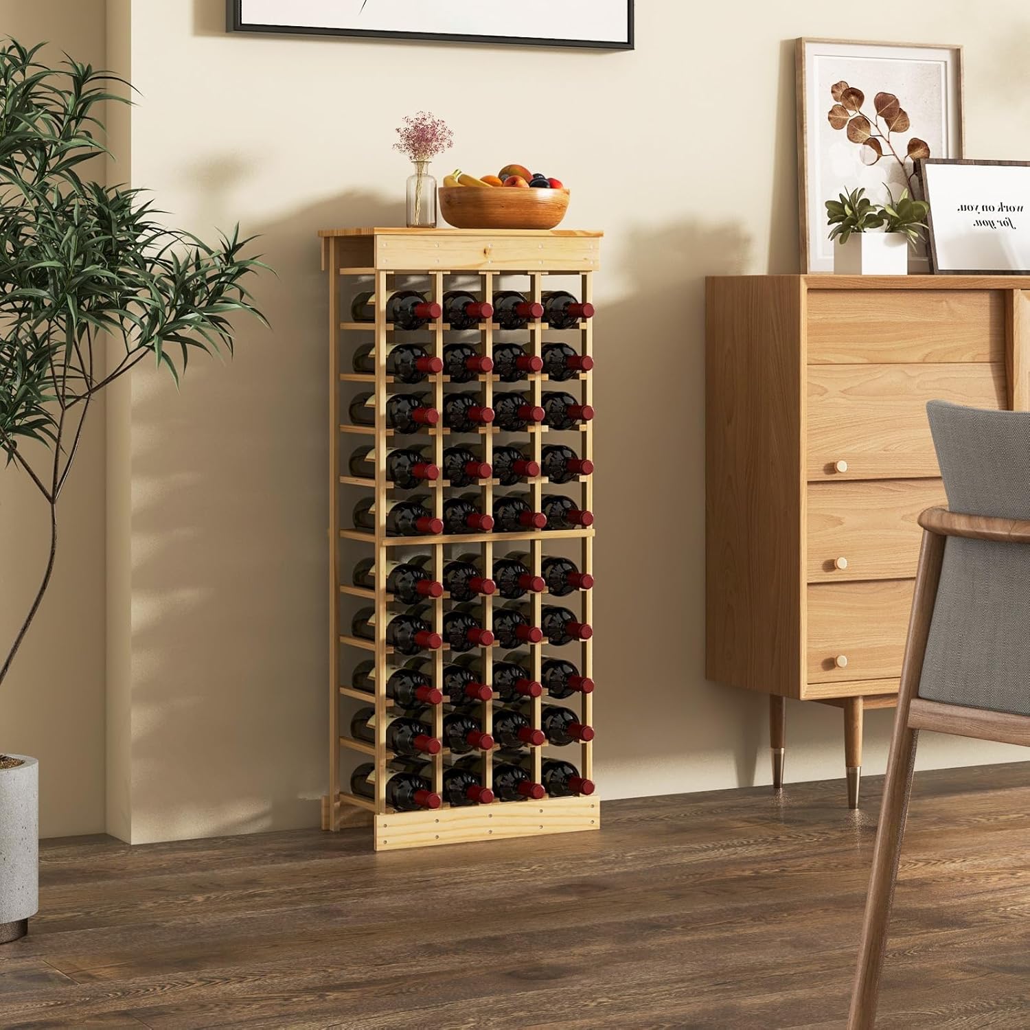 GOFLAME 40-Bottle Wine Rack, 10-Tier Freestanding Floor Wine Holder with Tabletop, Natural Wood Wine Display Shelves, Wine Bottle Organizer for Cellar, Dining Room, Living Room, Natural