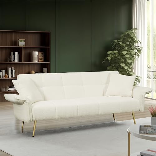 96.06 Inch Plush Teddy Sofa with Special Cloud Design,Velvet Couch W/Wood Frame and Spring,for Studios,Offices,Dorms,Condos,Living Room,White, 96.06
