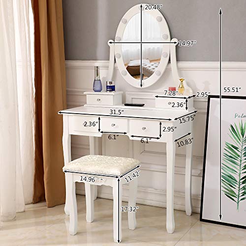 Makeup Vanity Table Set with Removable Tri-Folding Mirror, Modern Wooden Dressing Table Writing Table with 7 Drawers and Cushioned Stool for Girl Women Bedroom