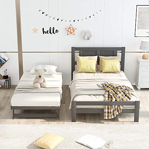Size Platform Bed with Adjustable Trundle for Bedroom Dorm, Wood Bed Frame with Headboard, Easily Convertible to 2 Beds for Kids Adults (Espresso) (Color : White, Size : Full)