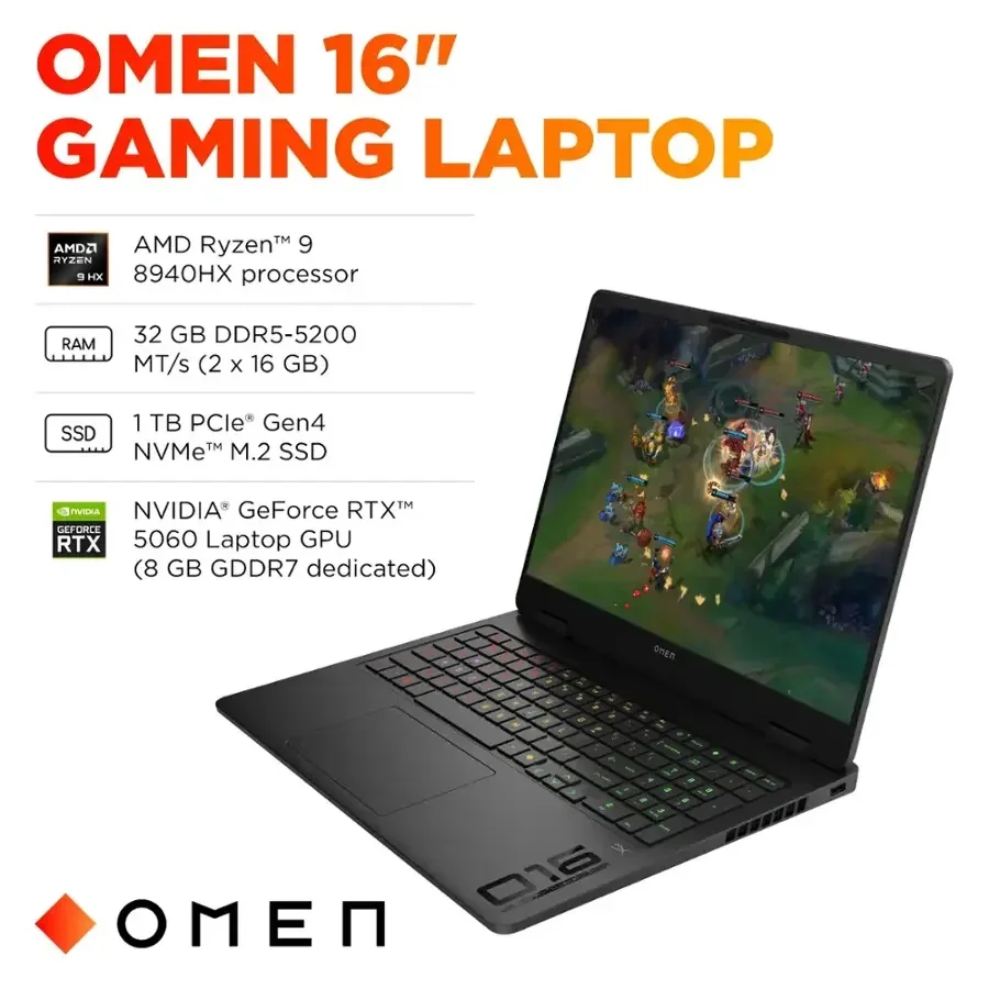 HP OMEN - 16" 2K 144Hz Gaming Laptop - AMD Ryzen 9 8940HX - 32GB DDR5 Memory - NVIDIA GeForce RTX 5060 - 1TB SSD - Shadow Black