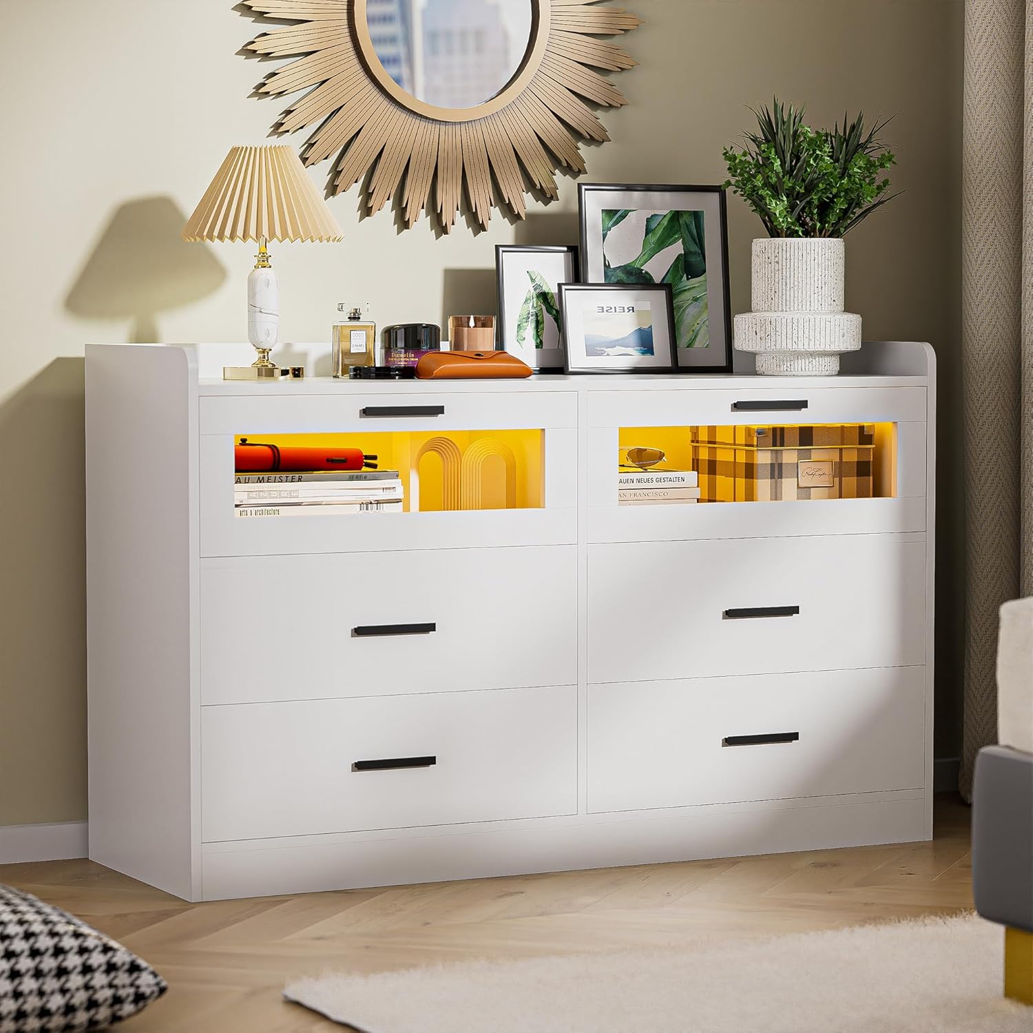 Cozy Castle 6 Drawer Double Dressers LED Modern Chest of Drawers Large Organizer Wood Accent Storage Cabinets for Living Room Home Office Entryway, White