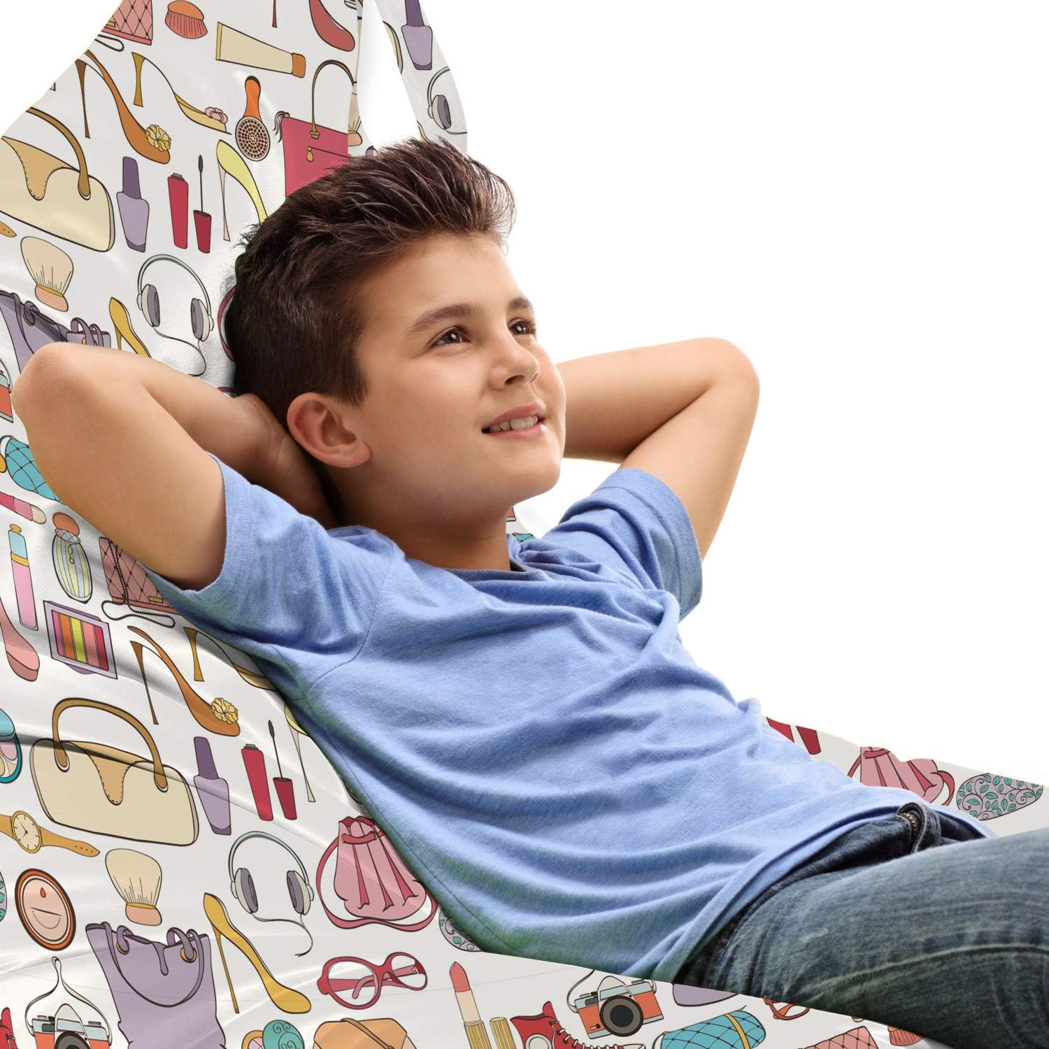 Ambesonne Fashion Lounger Chair Bag, Concept of Scattered Women Cosmetics and Accessories Bags Shoes Make up Camera, High Capacity Storage with Handle Container, Lounger Size, Multicolor