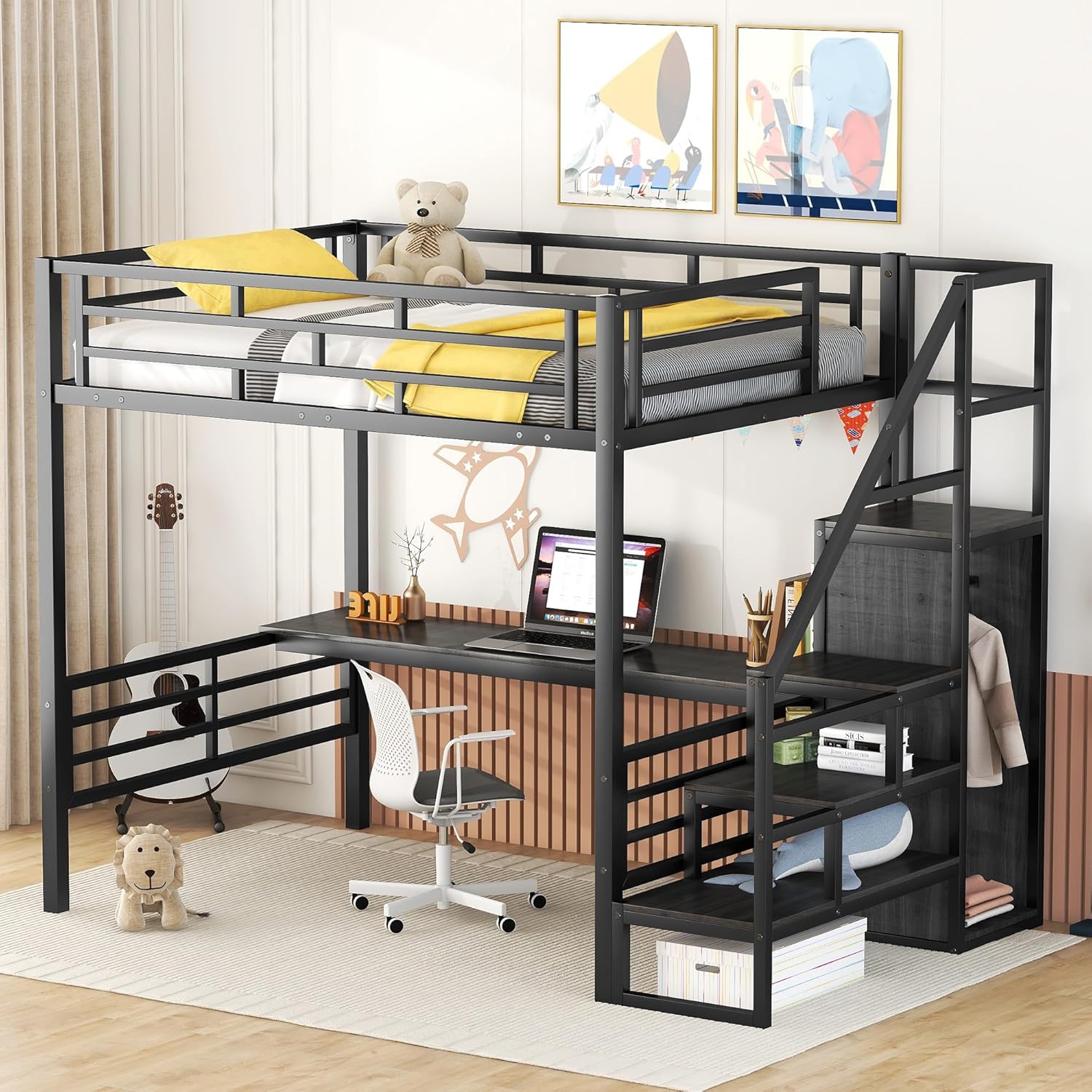 CITYLIGHT Full Loft Bed with Desk and Wardrobe,Metal Loft Bed Full Size with Storage Stairs and Guard Rail,Space Saving Loft Bed with Desk Underneath for Kids Teens,Black