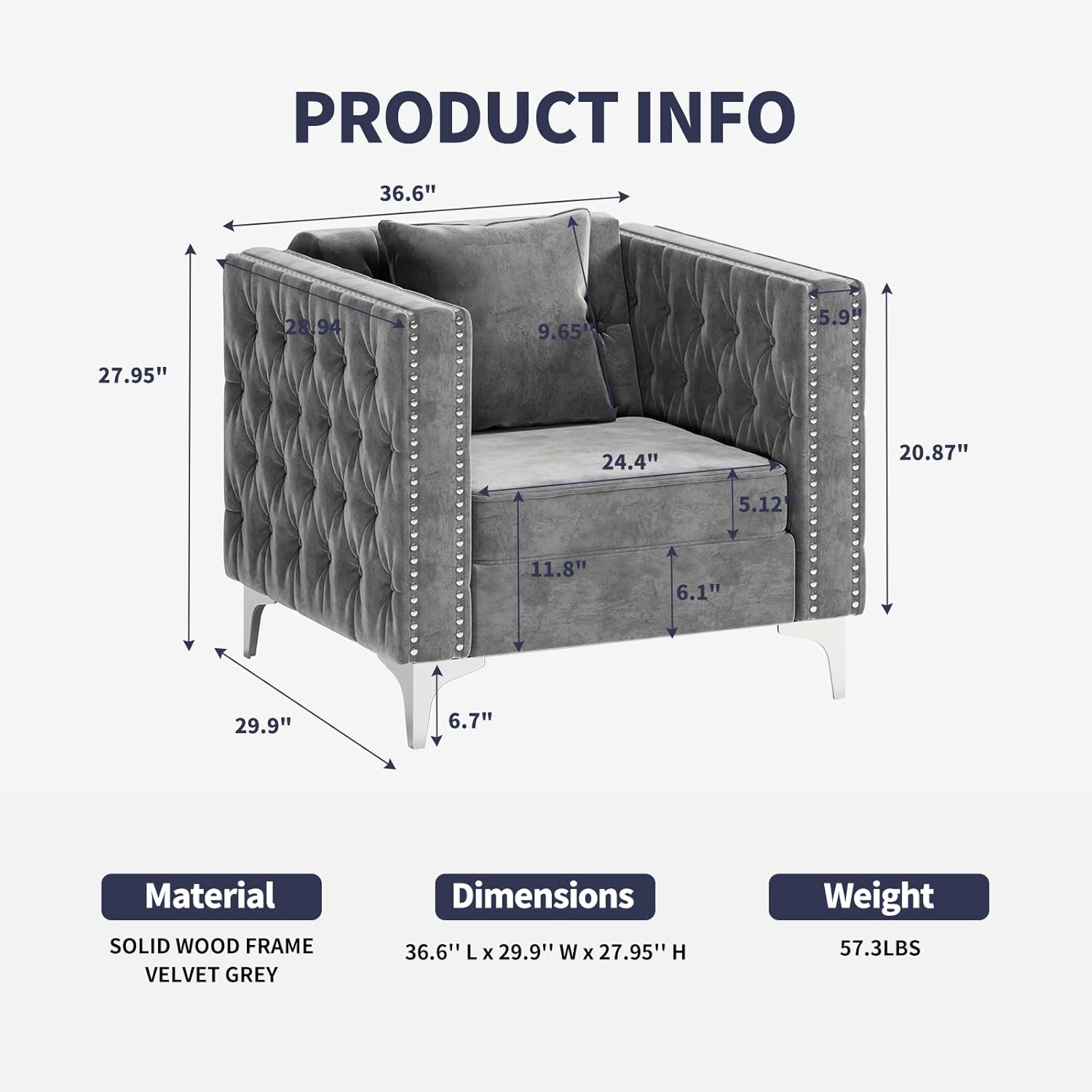 Velvet Armchair, Single Seat Sofa with Solid Wood Frame and Iron Legs Sofa Mini Couch, Small Sofa for Living Room Bed Room, Balcony(Grey)