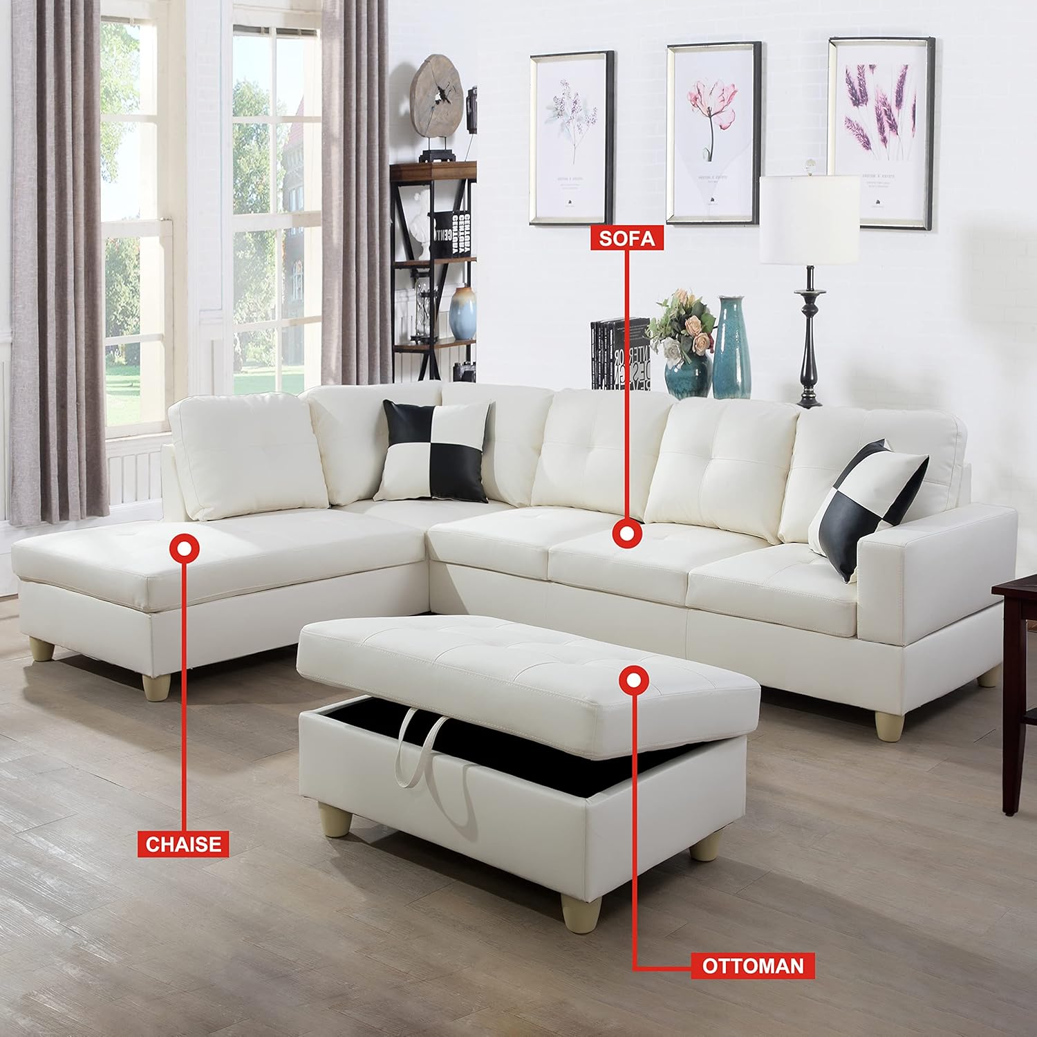 UBGO Living Room Furniture, L-Shape Ottomans and Chaise Lounge,Modular Sectional Couch,3-Piece Sofa Set for small spaces, White Faux Leather